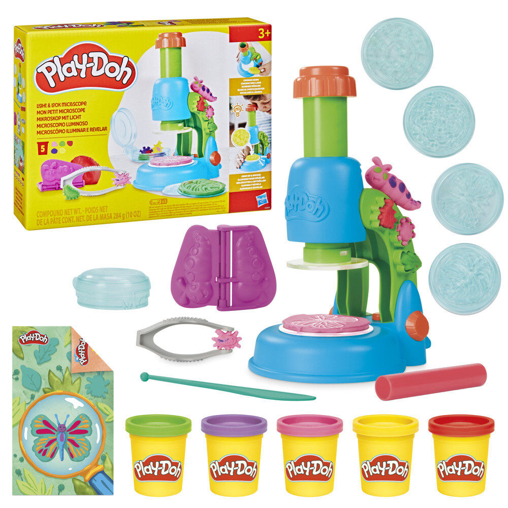 Vue du microscope lumineux Play-Doh HASBRO avec 4 lames transparentes prêtes à l'emploi