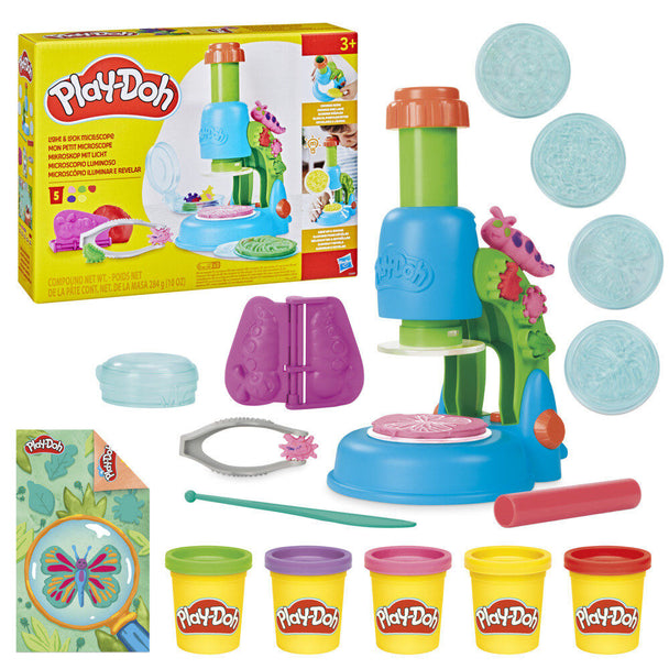 Vue du microscope lumineux Play-Doh HASBRO avec 4 lames transparentes prêtes à l'emploi
