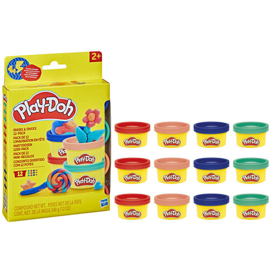 Vue rapprochée des 12 mini pots Play-Doh colorés alignés sur une surface blanche