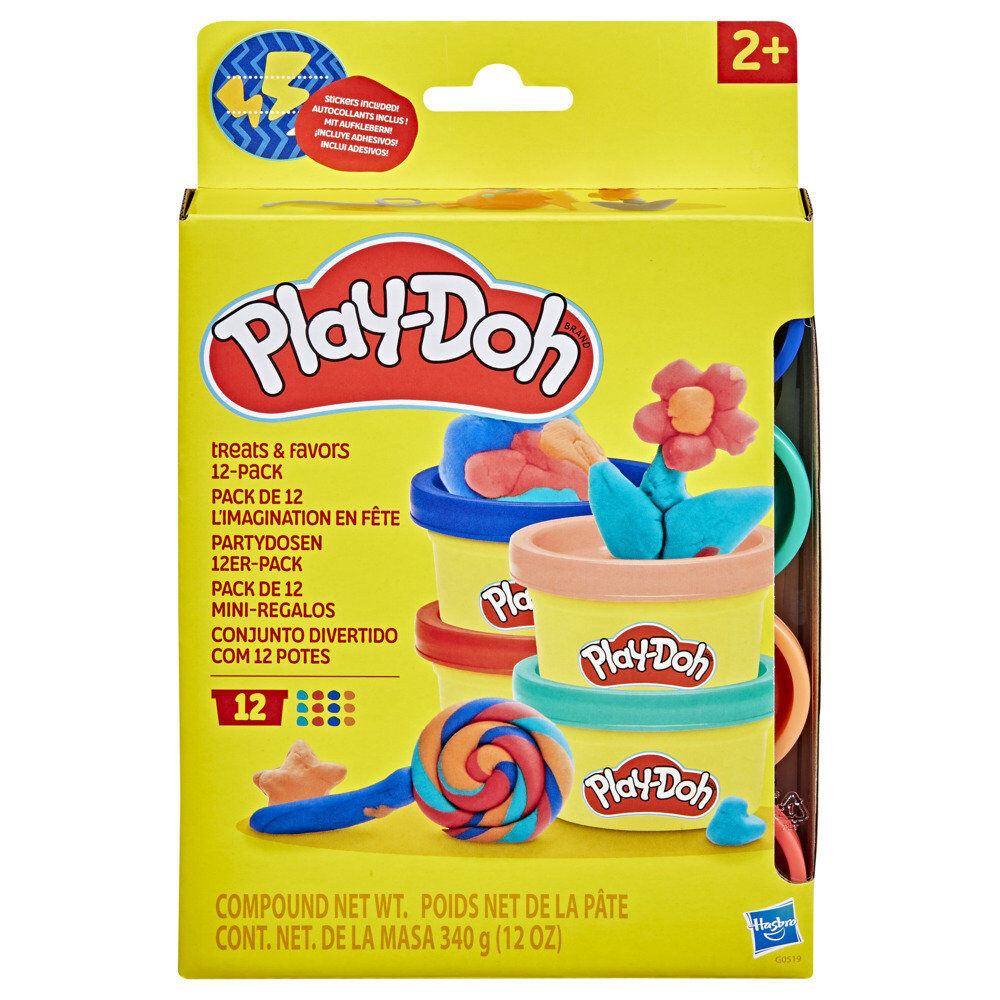 Présentation des 4 couleurs différentes de pâte à modeler dans les mini pots Play-Doh