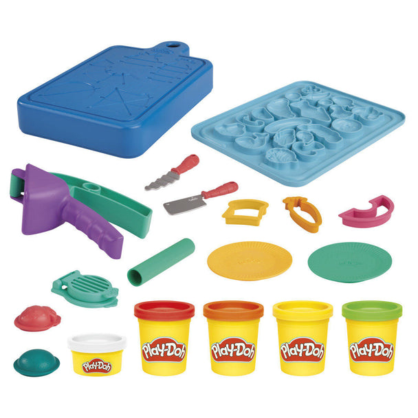 Vue rapprochée des 5 couleurs de pâte à modeler incluses dans le kit