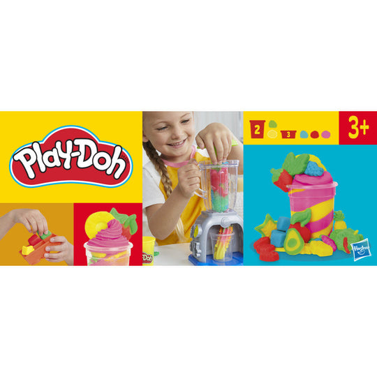 Pâte à modeler Play-Doh en forme de fruits colorés à côté du mixeur