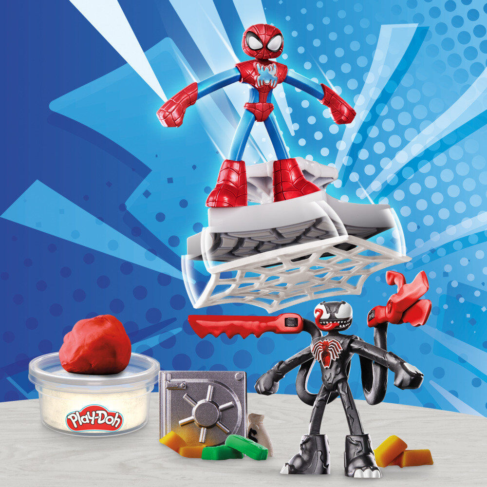 Présentation des différents éléments du set Play-Doh Marvel sur fond blanc