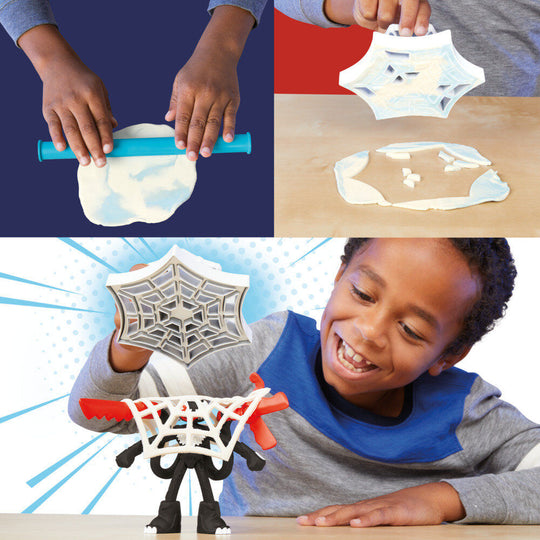 Enfant souriant jouant avec le set Play-Doh Marvel Spiderman Throw and Catch