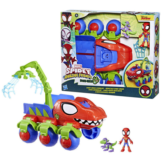 Vue de face du playset Dino-Grua Arachnid Marvel avec bouche de dinosaure ouverte