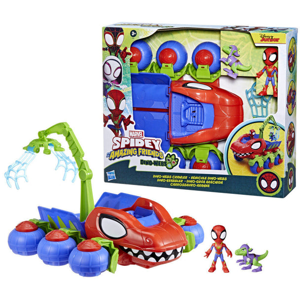 Figurine Spidey de 10 cm posée sur la plateforme du véhicule Dino-Grua