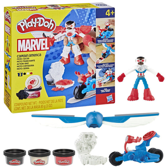 Vue de face de la moto Play-Doh Captain America avec la figurine articulée posée dessus