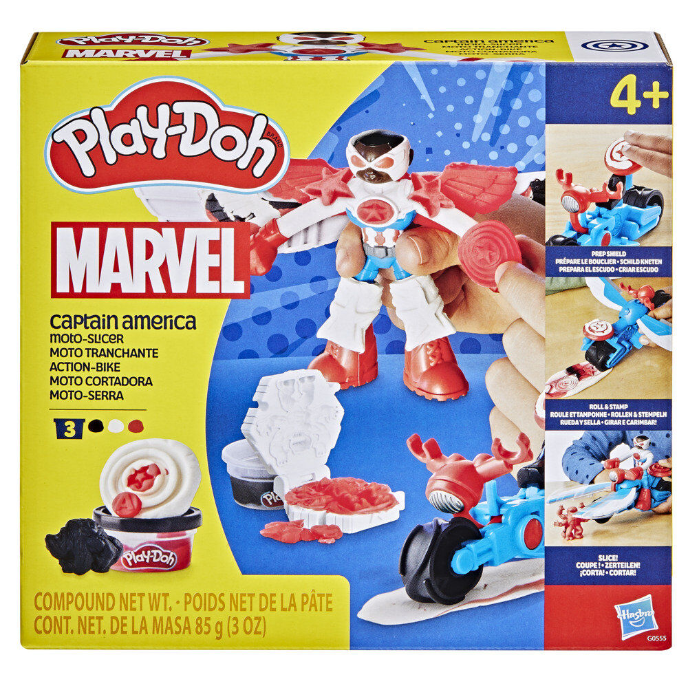 Enfant jouant avec la moto Play-Doh Captain America et créant des formes en pâte