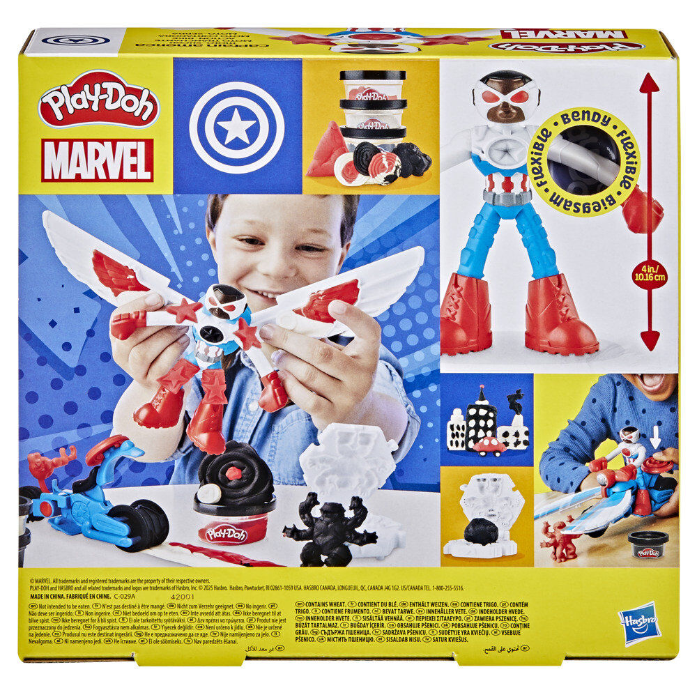 Figurine en action tenant un accessoire sur la moto Play-Doh Marvel