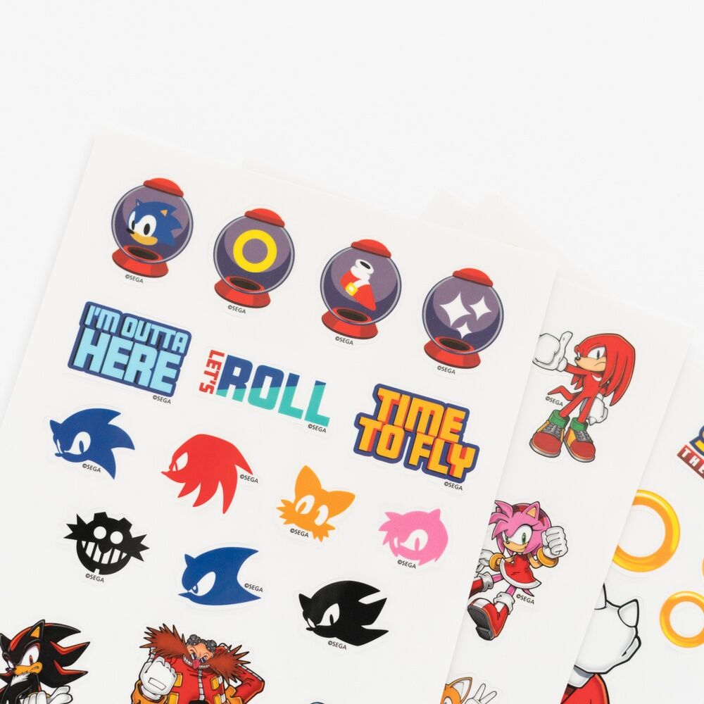 Planche 4 d'autocollants Sonic The Hedgehog présentant des logos et symboles du héros bleu