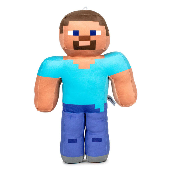 Détail de la peluche Minecraft Steve montrant la texture douce et les finitions soignées du jouet PLAY BY PLAY