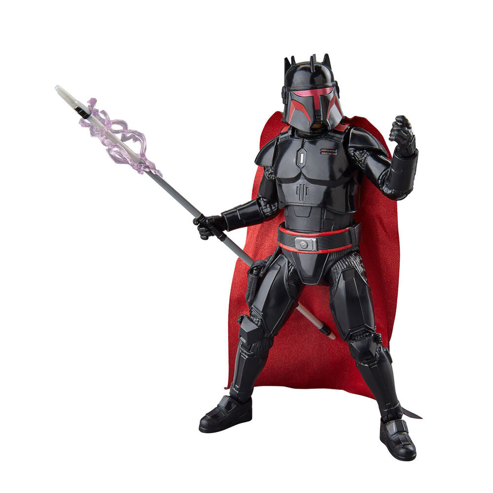 Vue latérale de la figurine Moff Gideon montrant l'armure noire brillante et ses détails