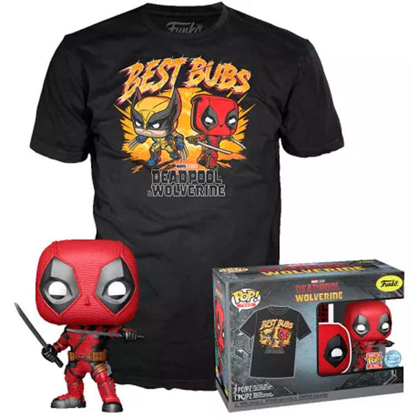Set Marvel FUNKO Deadpool & Wolverine avec t-shirt XL et figurine POP exclusive, parfait pour collectionneurs et fans.