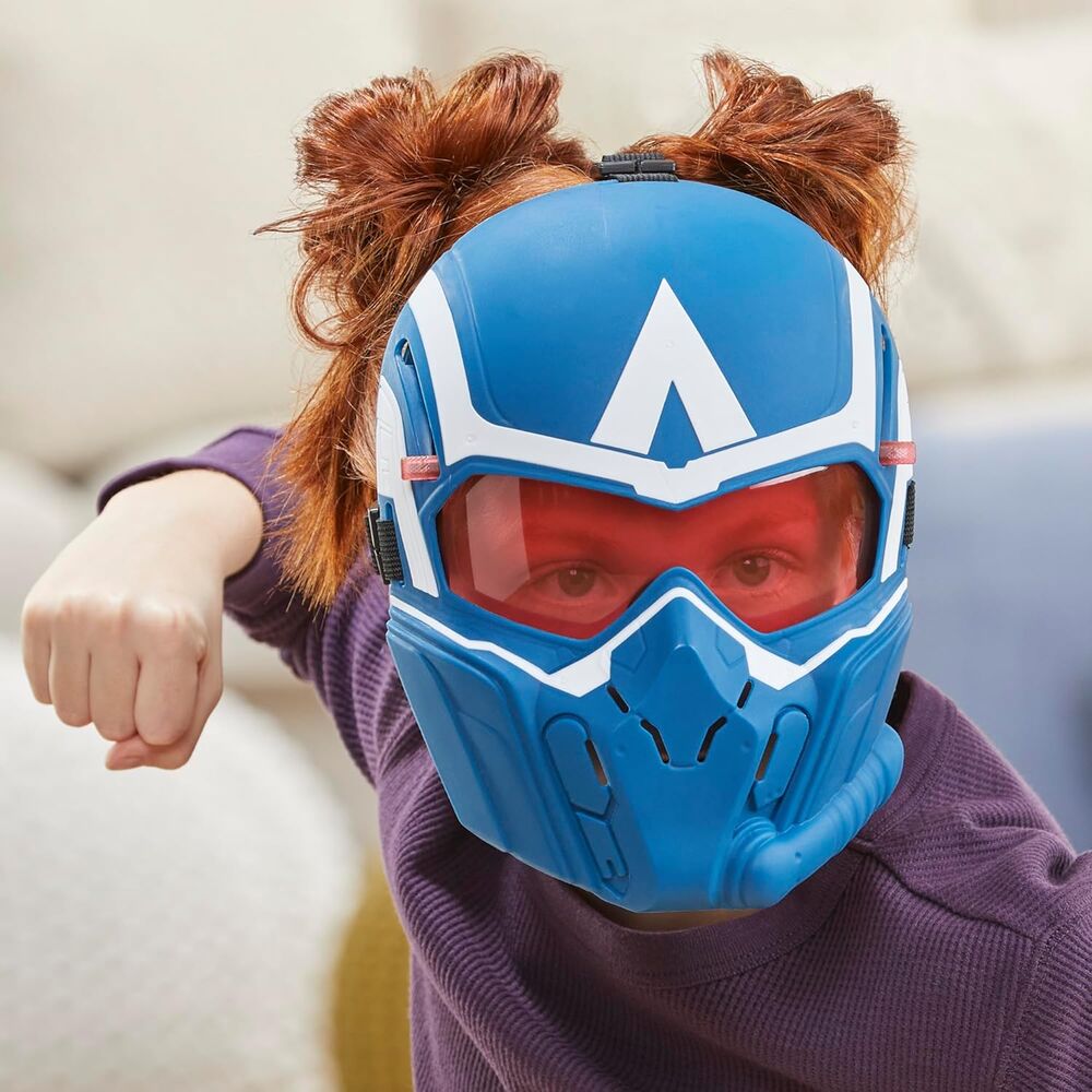 Présentation du masque Marvel Captain America avec dimensions affichées sur fond blanc