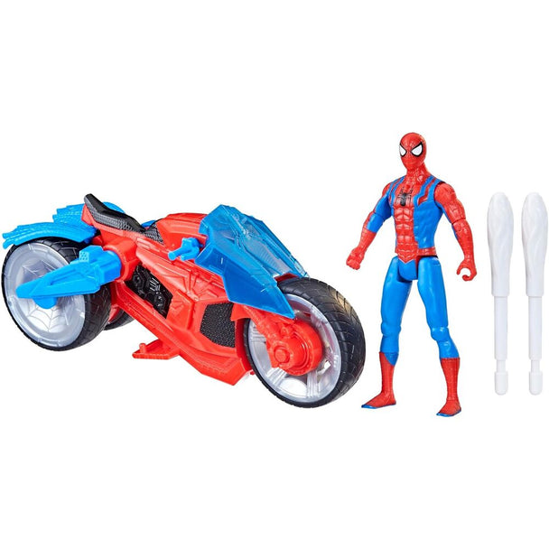 Moto Arachnide motorisée rouge et noire avec détails arachnides et missiles intégrés