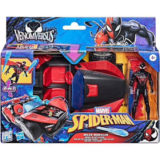 Figurine Marvel Miles Morales de 10 cm posée à côté de la voiture lanceuse Spider-Man Venom