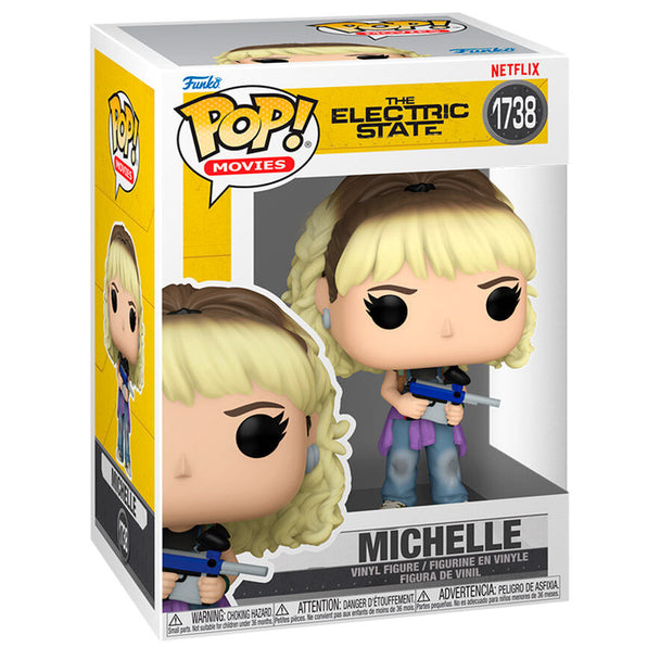 Vue rapprochée de la figurine Funko POP Michelle The Electric State montrant les détails du visage et du costume