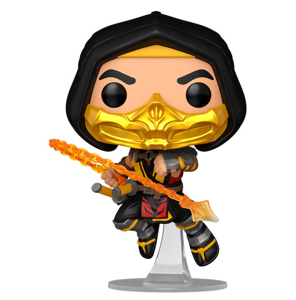 Figurine Funko POP Scorpion de Mortal Kombat 11 en vinyle, hauteur 9cm, présentée dans sa boîte cadeau colorée.