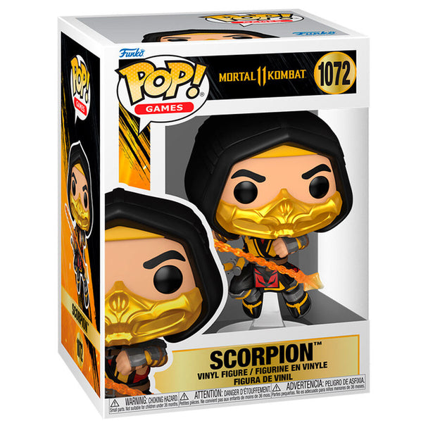 Vue rapprochée de la figurine Funko POP Scorpion avec détails précis et couleurs vives, emballage original FUNKO.
