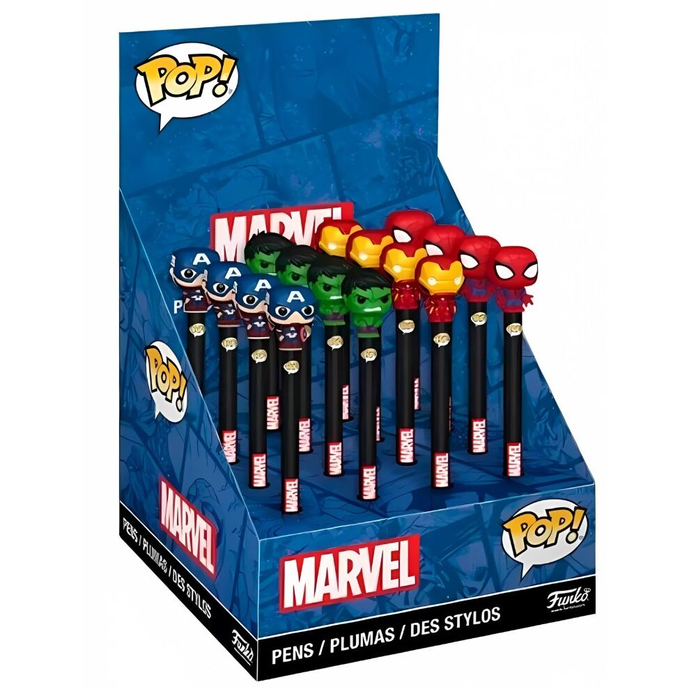 Stylo Marvel avec toppers Funko assortis représentant des personnages iconiques de Marvel, idéal pour les fans et collectionneurs.