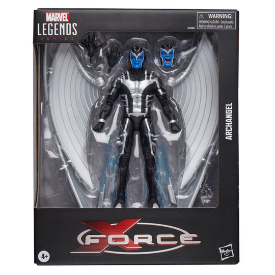 Figurine Marvel Legends Archangel X-Force de face avec ailes déployées et épées ailées en main