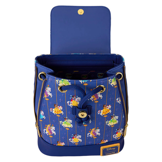Sac à dos Loungefly Disney Princess Carousel vue de face avec détails dorés et motifs Disney