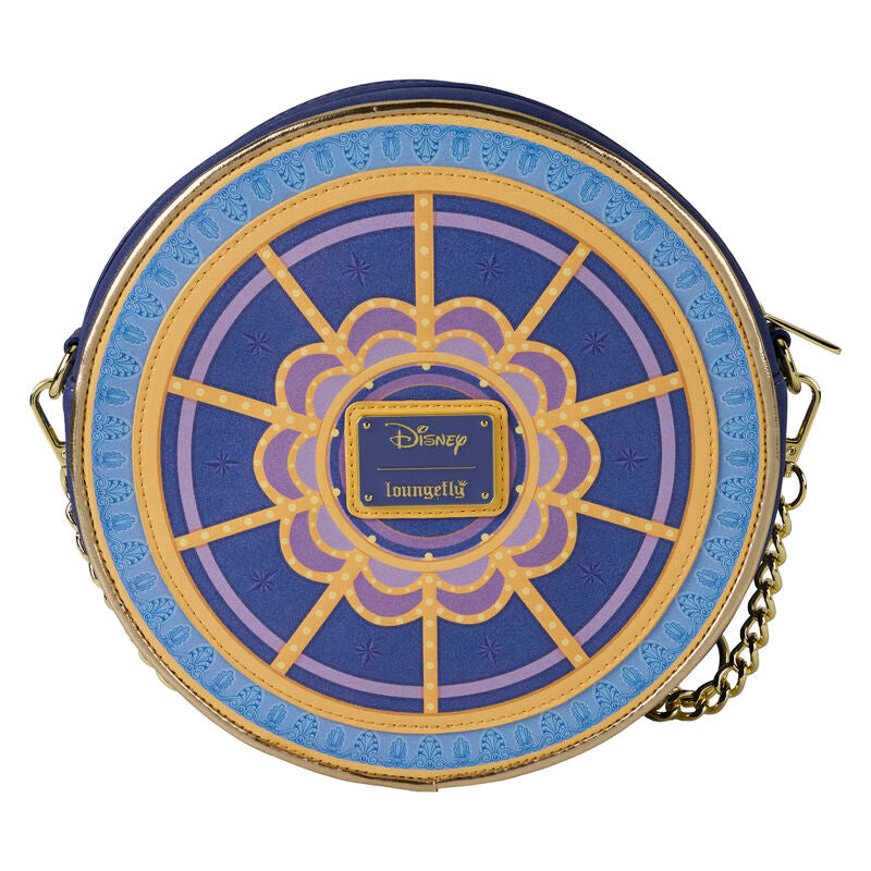 Sac épaule Loungefly Disney Princess Carousel en cuir vegan avec bandoulière ajustable et détails dorés sur fond blanc