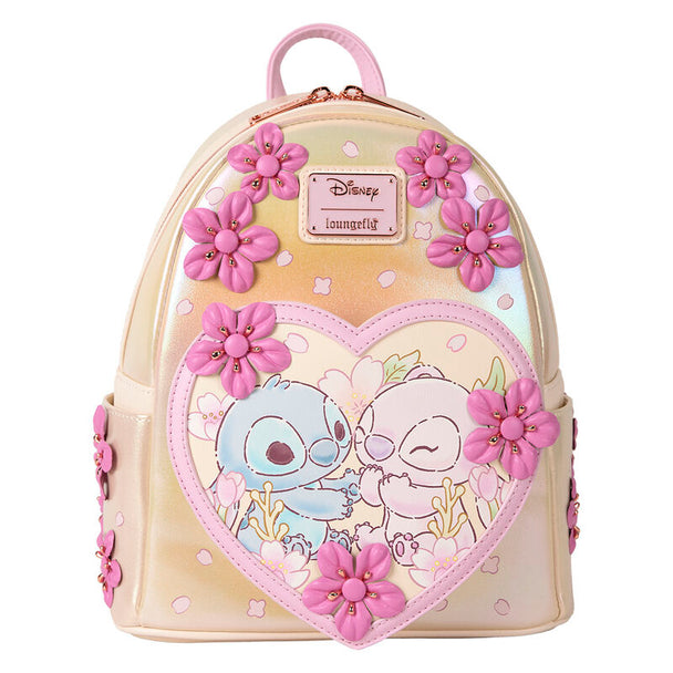 Sac à dos Loungefly Stitch Disney en simili cuir vegan avec détails dorés et fleurs 3D, vue de face