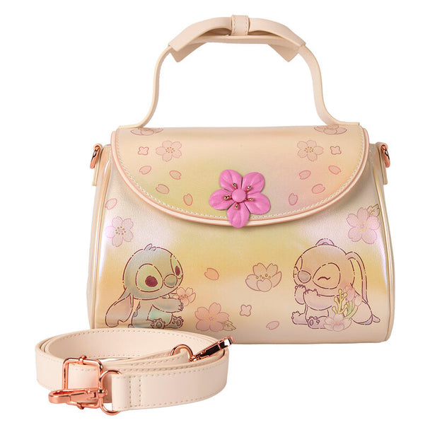 Vue avant du sac épaule Loungefly Disney Stitch en cuir vegan avec détails 3D et finition rose gold