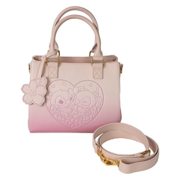 Vue avant du sac Loungefly Disney Stitch en cuir vegan avec appliqués colorés et détails dorés