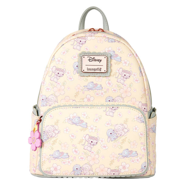 Vue avant du sac à dos Loungefly Disney Stitch avec motifs fleurs de cerisier et détails en cuir vegan