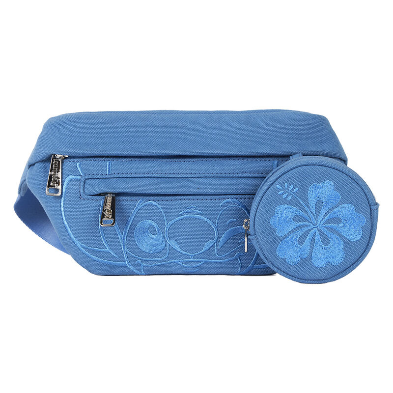 Vue de face de la pochette ceinture Stitch Disney Loungefly avec design coloré et logo Stitch.