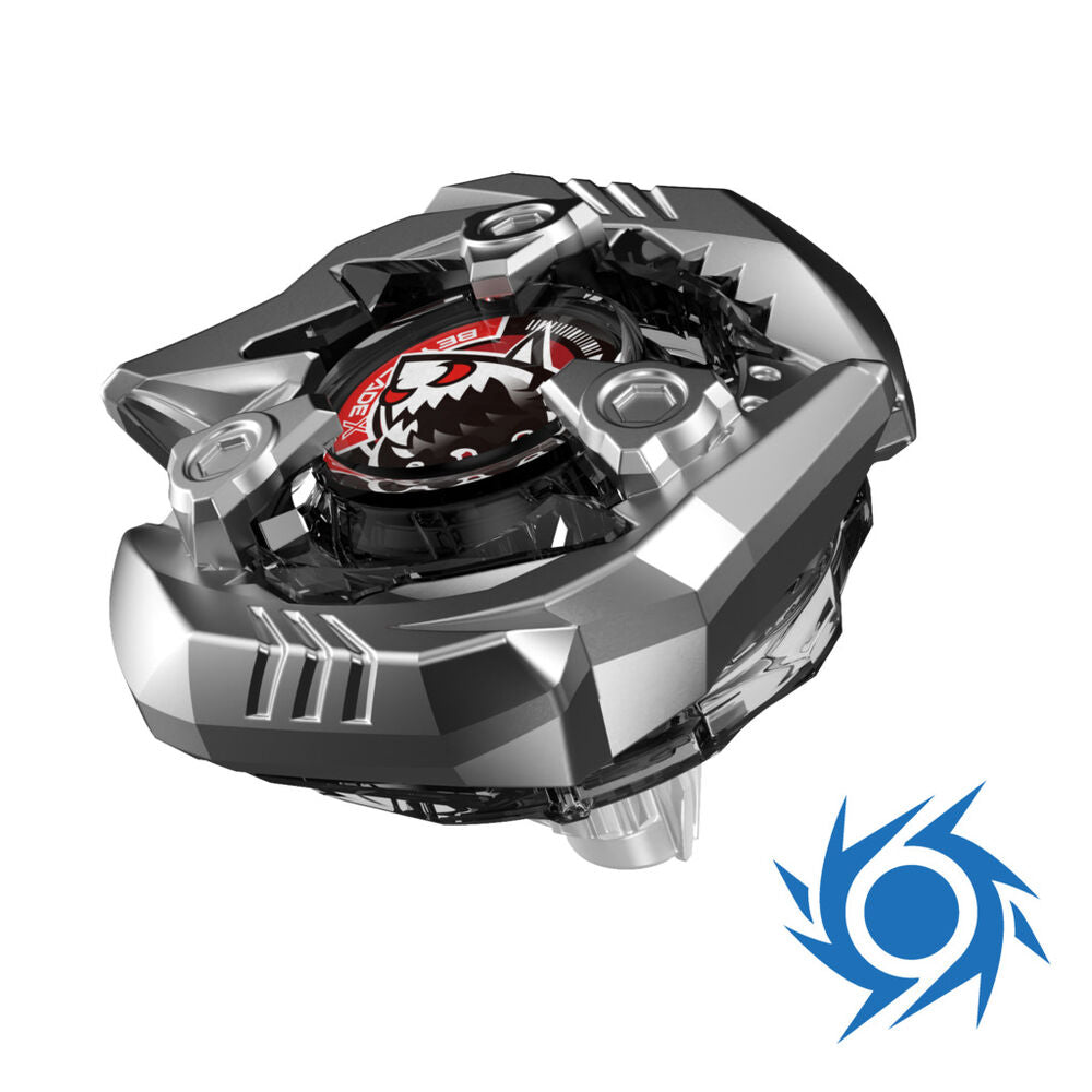 Image du booster Beyblade X Keel Shark en action lors d'une bataille dans l'arène Beystadium.