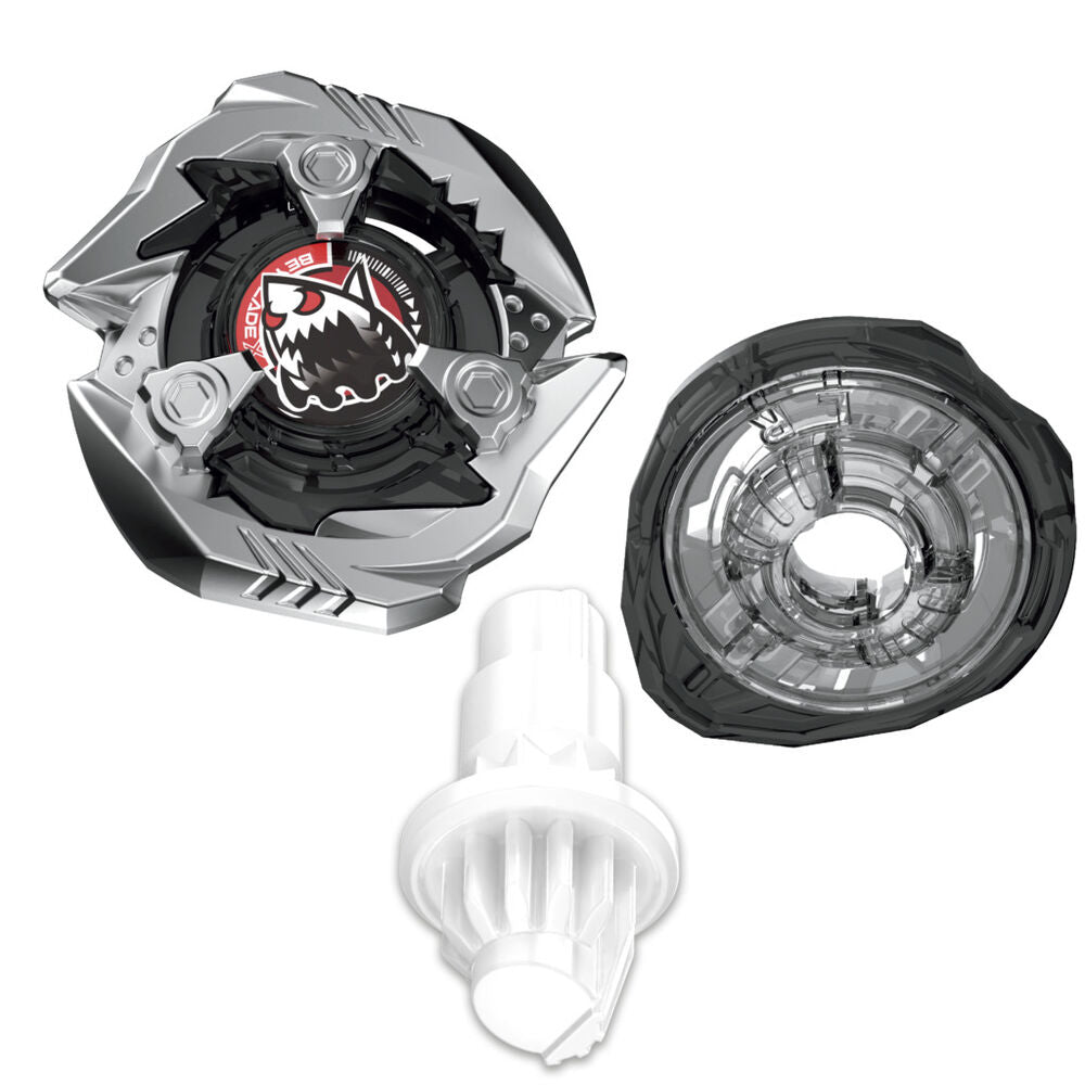 Vue rapprochée du kit de renforcement Beyblade X Keel Shark 1-60Q avec ses pièces interchangeables.
