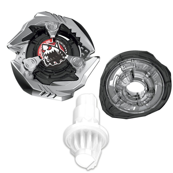 Vue rapprochée du kit de renforcement Beyblade X Keel Shark 1-60Q avec ses pièces interchangeables.