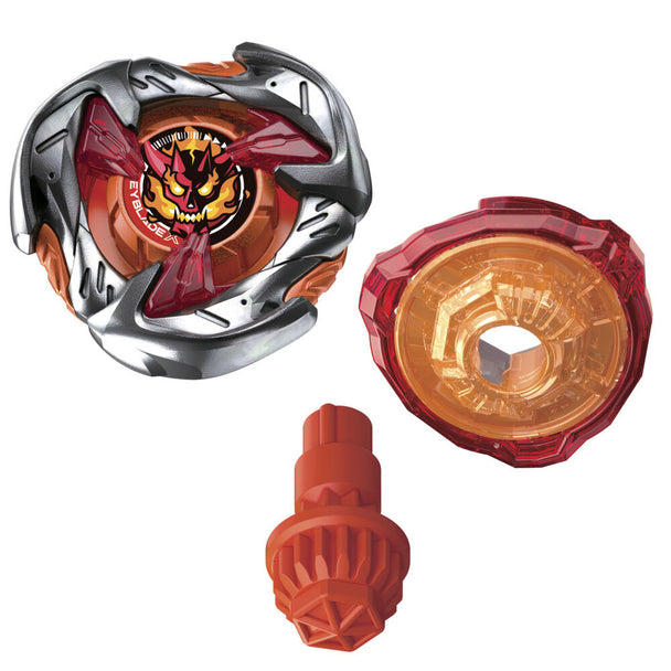 Vue rapprochée de la toupie Beyblade X Hammer Incendio 3-70H UX avec détails des lames et broche