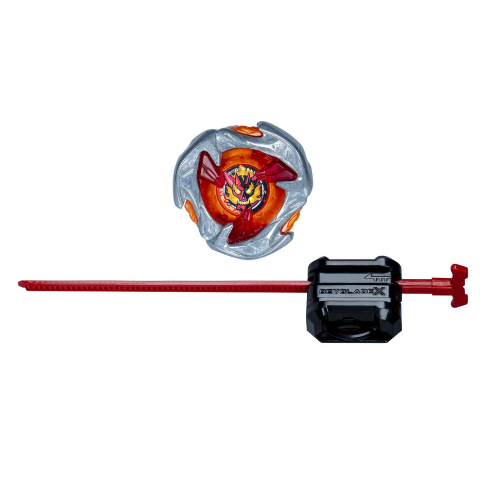 Lanceur Beyblade X Hammer Incendio 3-70H UX en action prêt à lancer la toupie dans l’arène