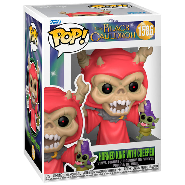 Vue de profil de la figurine Funko POP Horned King avec son compagnon Creeper, présentés dans leur boîte collector