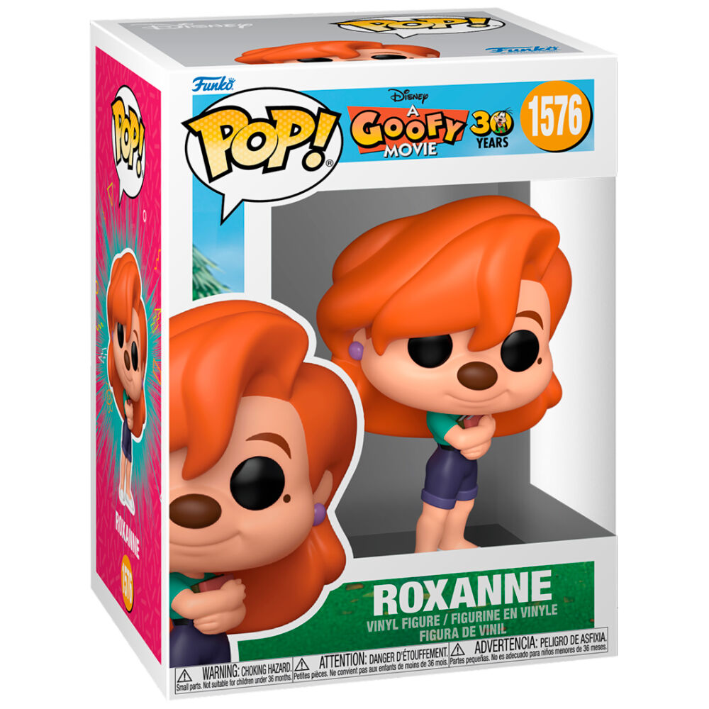 Vue détaillée de la figurine Funko POP Roxanne de A Goofy Movie, personnage Disney en vinyle, emballage collector