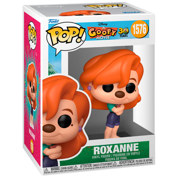 Vue détaillée de la figurine Funko POP Roxanne de A Goofy Movie, personnage Disney en vinyle, emballage collector