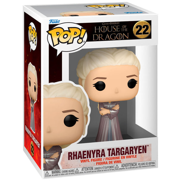Boîte cadeau officielle de la figurine Funko POP Rhaenyra Targaryen avec illustrations et logos de The House of the Dragon.