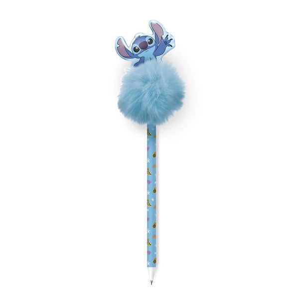 Stylo pompom Disney Stitch de la marque ERIK avec tête de Stitch colorée et pompom doux sur fond blanc.