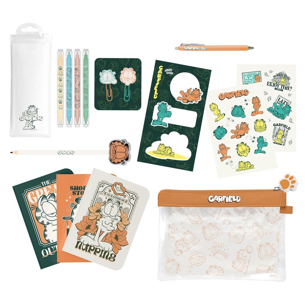 Set de papeterie Garfield ERIK avec stylos, cahier et accessoires colorés sur fond blanc.