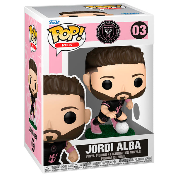 Figurine Funko POP de Jordi Alba en tenue Inter Miami, hauteur 9 cm, présentée dans sa boîte cadeau officielle