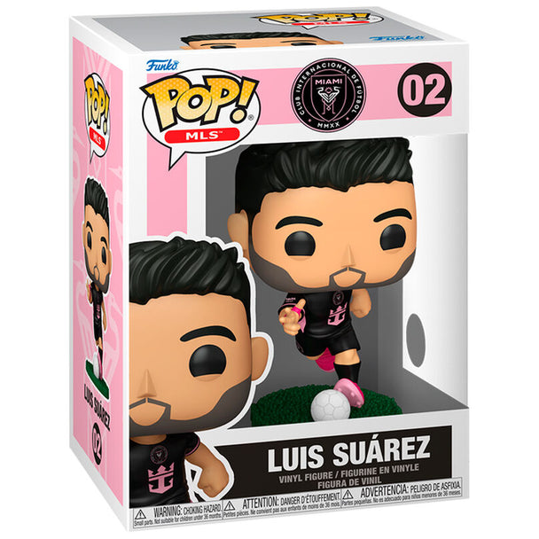 Figurine Funko POP Luis Suarez en tenue Inter Miami, vue de face avec détails précis du visage et maillot