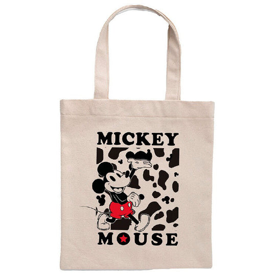 Sac shopping Disney Mickey Mouse en coton blanc avec illustration colorée de Mickey, dimensions 41x37 cm, idéal pour courses ou usage quotidien.
