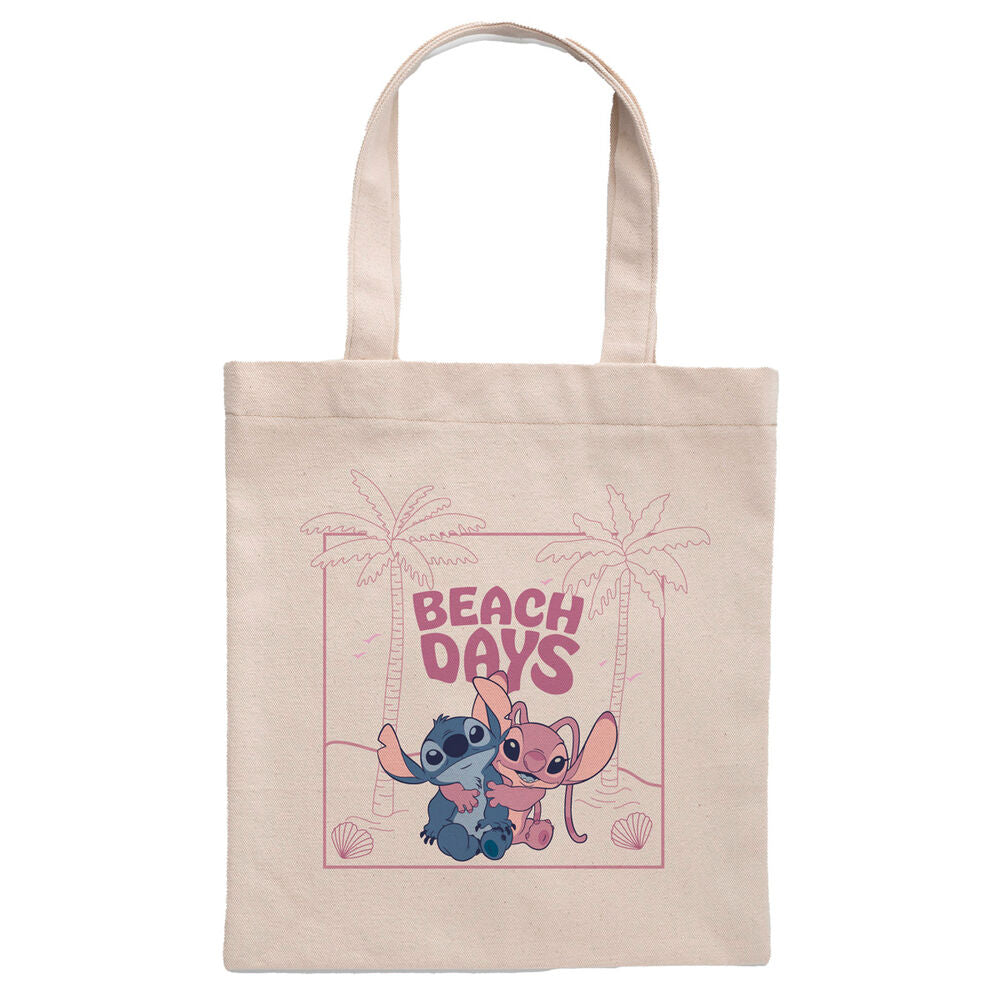Sac shopping Disney Stitch & Angel en coton 100% naturel, dimensions 41x37 cm, avec illustrations colorées, parfait pour la plage ou les courses.