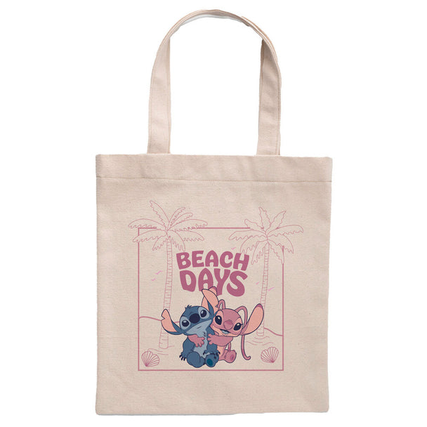 Sac shopping Disney Stitch & Angel en coton 100% naturel, dimensions 41x37 cm, avec illustrations colorées, parfait pour la plage ou les courses.