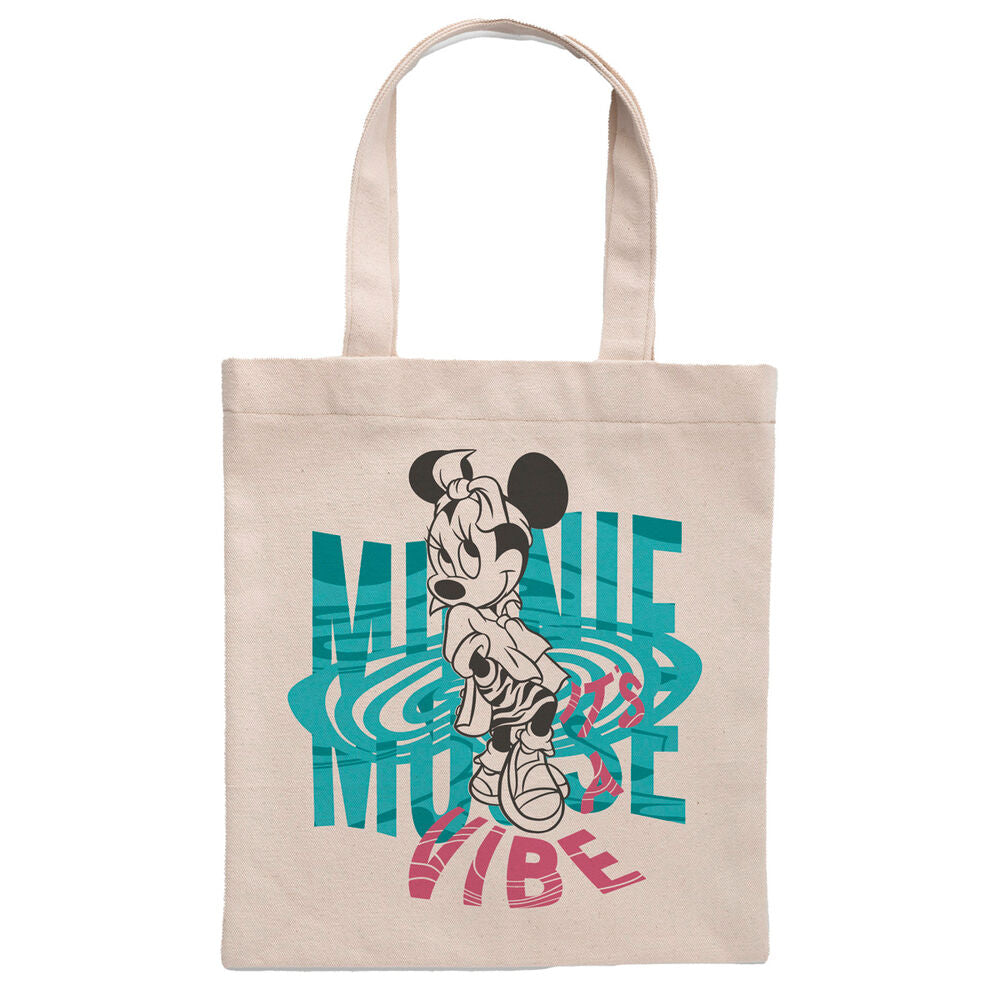 Sac shopping Disney Minnie Mouse SUNCITY en coton blanc avec imprimé coloré, dimensions 41x37 cm, parfait pour usage quotidien.