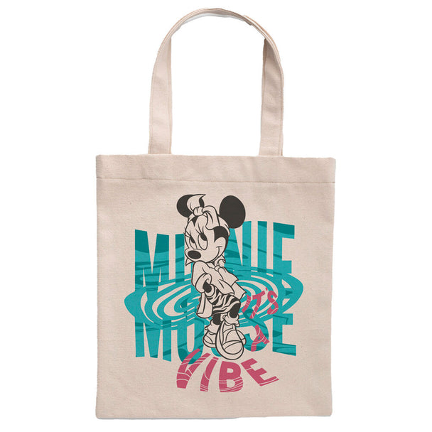 Sac shopping Disney Minnie Mouse SUNCITY en coton blanc avec imprimé coloré, dimensions 41x37 cm, parfait pour usage quotidien.
